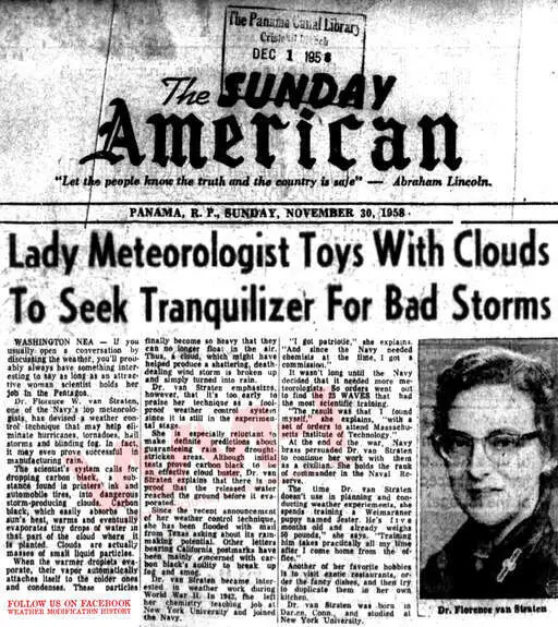 Newspapers 1958 11 30 lady meteorologist toys with clouds to seek tranquilizer for bad storms.webp