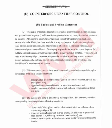 FOIA Reveals U.S. Air Force Paper “Counterforce Weather Control: SPACECAST 2020”