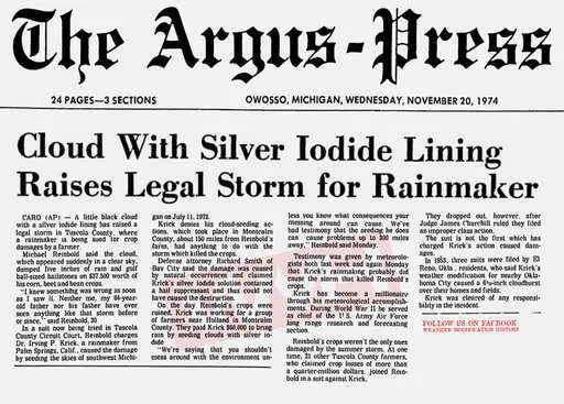 1974 11 20 cloud with silver iodide lining raises legal storm for rainmaker.webp