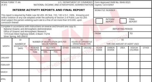 NOAA Form 17-4a Interim Activity Reports and Final Report on Weather Modification Activity NOAA Form 17-4a Interim Activity Reports and Final Report on Weather Modification Activity